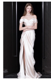 Cifeeo- Sexy Sheath Off The Shoulder Short Sleeves White Satin Long Wedding Dresses C1608