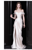 Cifeeo- Sexy Sheath Off The Shoulder Short Sleeves White Satin Long Wedding Dresses C1608