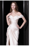 Cifeeo- Sexy Sheath Off The Shoulder Short Sleeves White Satin Long Wedding Dresses C1608