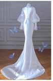 Cifeeo- Sexy Mermaid U Neckline Long Sleeves Satin Long Wedding Dresses With Pearls C1611