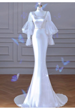 Cifeeo- Sexy Mermaid U Neckline Long Sleeves Satin Long Wedding Dresses With Pearls C1611