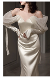 Cifeeo- Sexy Sheath Off The Shoulder Long Sleeves Satin Long Wedding Dresses C1621