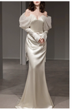 Cifeeo- Sexy Sheath Off The Shoulder Long Sleeves Satin Long Wedding Dresses C1621