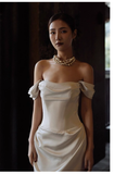 Cifeeo- Chic Sheath Off The Shoulder Satin Long Wedding Dresses With Ruffles C1624