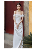 Cifeeo- Chic Sheath Off The Shoulder Satin Long Wedding Dresses With Ruffles C1624