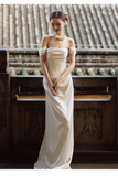 Cifeeo- Chic Sheath Off The Shoulder Satin Long Wedding Dresses With Ruffles C1624