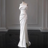 Cifeeo- Timeless Sheath Off The Shoulder Satin Long Wedding Dresses With Slit C1629