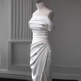 Cifeeo- Timeless Sheath Off The Shoulder Satin Long Wedding Dresses With Slit C1629