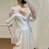 Cifeeo- Timeless A Line Off The Shoulder Long Lace White Wedding Dresses With Slit C1655