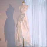 Cifeeo- Simple High Low Sweetheart Long Satin White Wedding Dresses With Ruffles C1667