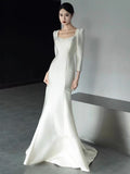 Cifeeo- Unique Mermaid Square Neckline Long Sleeves White Satin Wedding Dresses CC1670