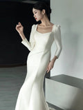 Cifeeo- Unique Mermaid Square Neckline Long Sleeves White Satin Wedding Dresses CC1670