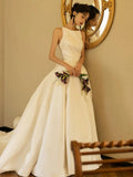 Cifeeo- Unique Ball Gown Scoop Satin Backless Long White Wedding Dresses C1674