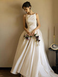 Cifeeo- Unique Ball Gown Scoop Satin Backless Long White Wedding Dresses C1674