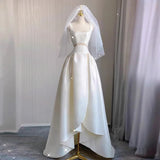 Cifeeo- Unique High Low Straps Satin Long White Wedding Dresses C1675