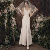 Cifeeo- Unique Sheath Straps Satin Long White Slit Wedding Dresses C1676