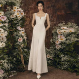 Cifeeo- Unique Sheath Straps Satin Long White Slit Wedding Dresses C1676