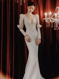 Cifeeo- Sexy Mermaid V Neckline Satin Long Sleeves White Wedding Dresses With Buttons C1678