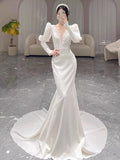 Cifeeo- Sexy Mermaid V Neckline Satin Long Sleeves White Wedding Dresses With Buttons C1678