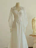 Cifeeo- Chic A line Sweetheart Lace Long Sleeves White Wedding Dresses C1680