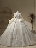 Cifeeo- Unique Ball Gown High Neckline Sequin Lace Long White Wedding Dresses C1787