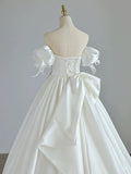 Cifeeo- Simple Ball Gown Sweetheart Satin Long White Wedding Dresses With Bow C1788