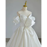 Cifeeo- Simple Ball Gown Sweetheart Satin Long White Wedding Dresses With Bow C1788