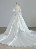 Cifeeo- Simple Ball Gown Sweetheart Satin Long White Wedding Dresses With Bow C1788