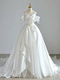 Cifeeo- Simple Ball Gown Sweetheart Satin Long White Wedding Dresses With Bow C1788