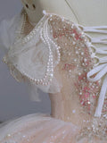 Cifeeo- Dreamy Ball Gown Off The Shoulder Pink Lace Long Wedding Dresses With Beads C1790