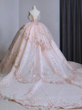 Cifeeo- Dreamy Ball Gown Off The Shoulder Pink Lace Long Wedding Dresses With Beads C1790