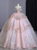 Cifeeo- Dreamy Ball Gown Off The Shoulder Pink Lace Long Wedding Dresses With Beads C1790