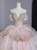 Cifeeo- Dreamy Ball Gown Off The Shoulder Pink Lace Long Wedding Dresses With Beads C1790