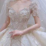 Cifeeo- Dreamy Ball Gown Scoop Neckline White Lace Long Wedding Dresses With Beads C1792