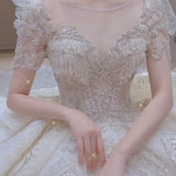 Cifeeo- Dreamy Ball Gown Scoop Neckline White Lace Long Wedding Dresses With Beads C1792