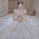 Cifeeo- Dreamy Ball Gown Scoop Neckline White Lace Long Wedding Dresses With Beads C1792