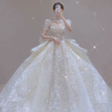 Cifeeo- Dreamy Ball Gown Scoop Neckline White Lace Long Wedding Dresses With Beads C1792