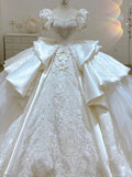 Cifeeo- Dreamy Ball Gown Sweetheart Short Puffy Sleeves White Lace Wedding Dresses With Beads C1797