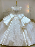 Cifeeo- Dreamy Ball Gown Sweetheart Short Puffy Sleeves White Lace Wedding Dresses With Beads C1797