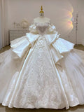 Cifeeo- Dreamy Ball Gown Sweetheart Short Puffy Sleeves White Lace Wedding Dresses With Beads C1797