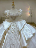 Cifeeo- Dreamy Ball Gown Sweetheart Short Puffy Sleeves White Lace Wedding Dresses With Beads C1797