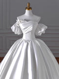 Cifeeo- Timeless Ball Gown Sweetheart Long Puffy Sleeves Satin Wedding Dresses With Flowers C1799