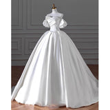 Cifeeo- Timeless Ball Gown Sweetheart Long Puffy Sleeves Satin Wedding Dresses With Flowers C1799