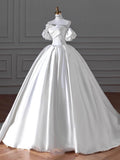 Cifeeo- Timeless Ball Gown Sweetheart Long Puffy Sleeves Satin Wedding Dresses With Flowers C1799