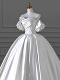 Cifeeo- Timeless Ball Gown Sweetheart Long Puffy Sleeves Satin Wedding Dresses With Flowers C1799