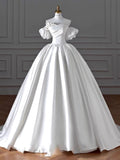 Cifeeo- Timeless Ball Gown Sweetheart Long Puffy Sleeves Satin Wedding Dresses With Flowers C1799