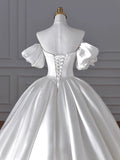 Cifeeo- Timeless Ball Gown Sweetheart Long Puffy Sleeves Satin Wedding Dresses With Flowers C1799