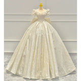 Cifeeo- Timeless Ball Gown Sweetheart Long Puffy Sleeves Sequin Wedding Dresses With Bowknot C1800