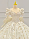 Cifeeo- Dreamy Ball Gown Sweetheart Short Sleeves White Lace Wedding Dresses With Beads C1802