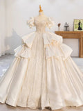 Cifeeo- Dreamy Ball Gown Sweetheart Short Sleeves White Lace Wedding Dresses With Beads C1802